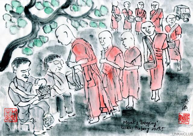 ルアンパバーン、ビエンチャン、バンコクの旅−２３、少年僧たちの托鉢行を見に行く。